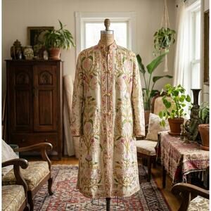 Cream Silk Floral Embroidered Sherwani Coat Boho Duster Women Med/ Large